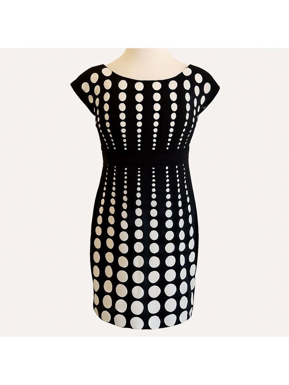 Maggy London sheath pleated dress Melanie Lyne black white dots empire waist 14
